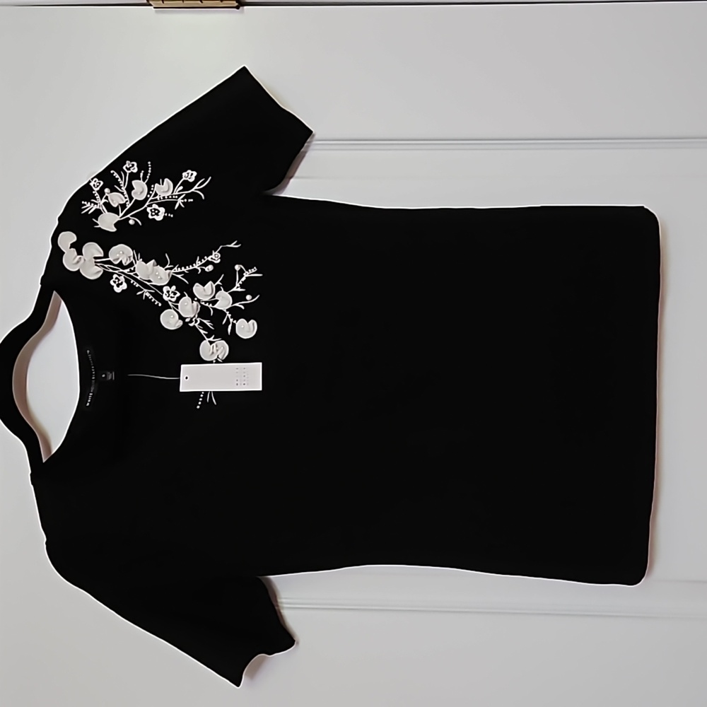 WHBM Black knitted top with flower and pearl embroidery
